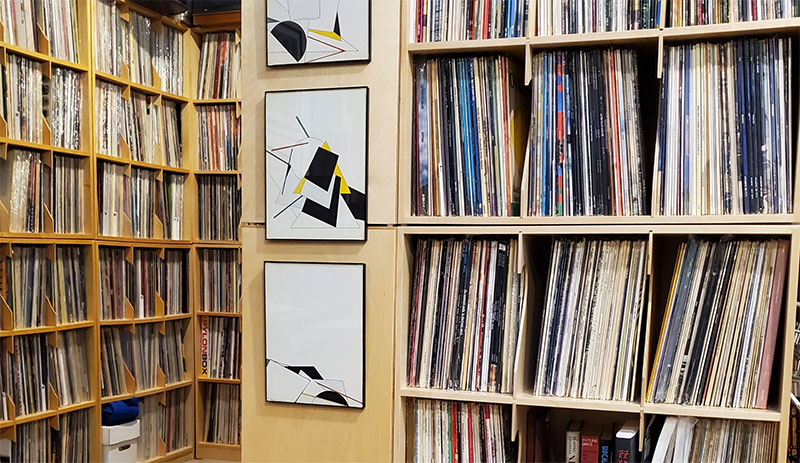 A photo of LP’s / vinyl records on shelf at Prex.